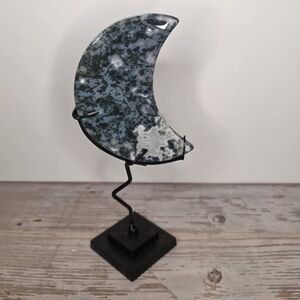 Elegant Moss Agate Moon Carving With Custom Stand